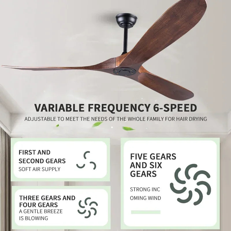 Modern Solid Wood Retro High Air Volume Ceiling Fan with Remote Control Without Lights Living Room and Dining Room Pendant Light