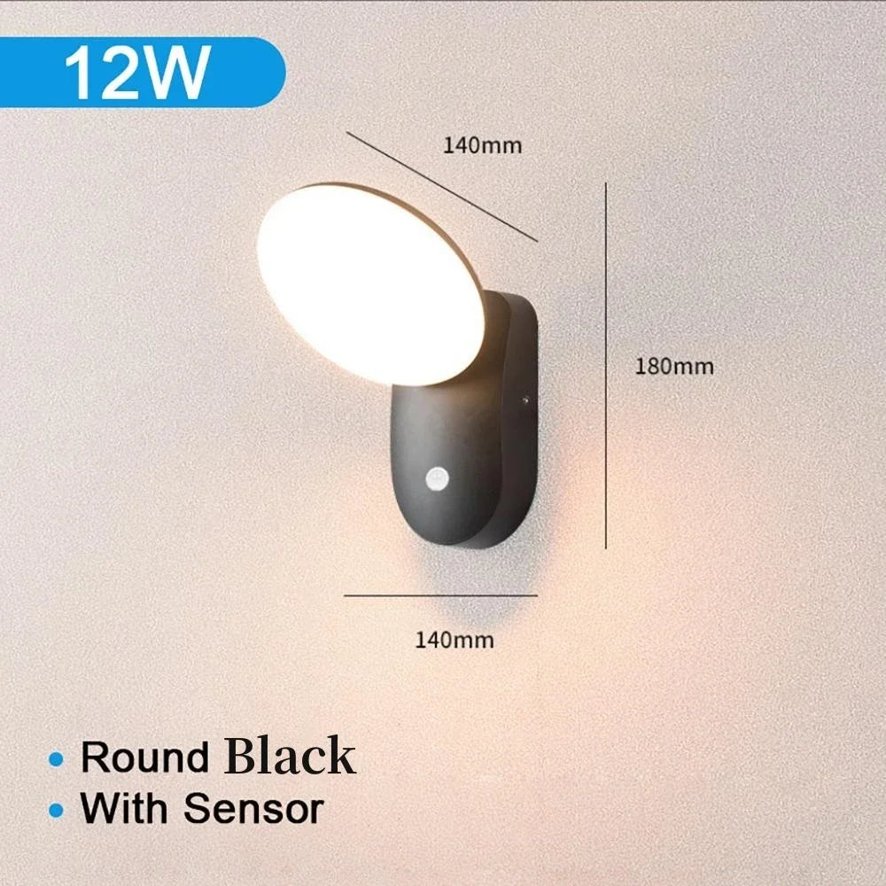 PIR Motion Sensor LED Outdoor Wall Lamp 12W IP65 Waterproof Aluminum Garden Porch Light Corridor Entrance Sconce Indoor Fixture
