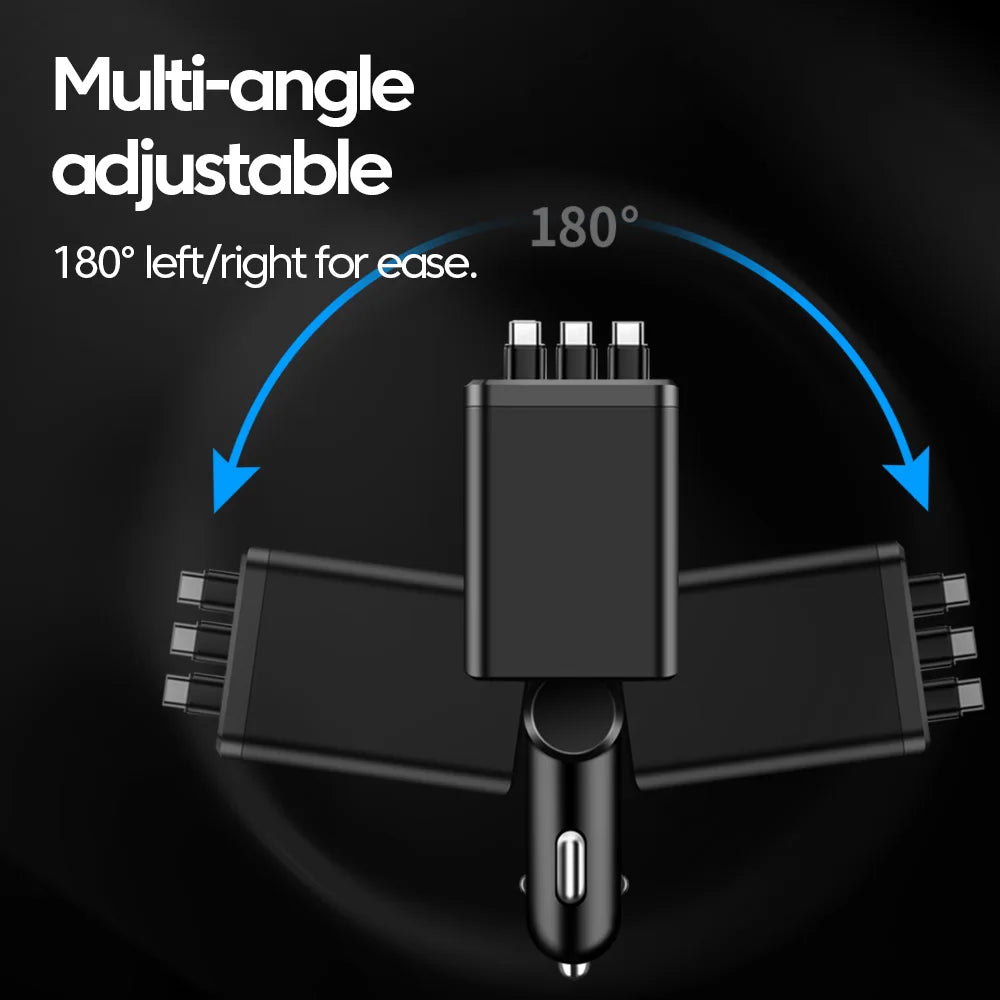 7 in 1 Car Charger Retractable 3 Type C Ports USB Car Charger Fast Charging For IPhone  12 15 16 Samsung USB C to ios Cable
