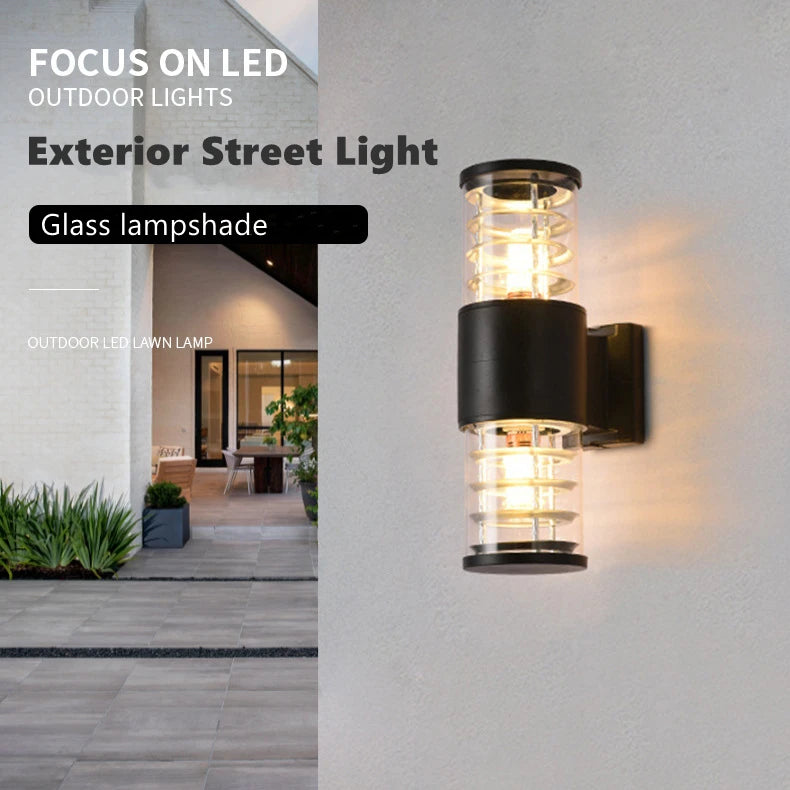 E27 LED Outdoor Wall Lamp Sensor Up Down Glass Aluminum Waterproof Garden Light Corridor Street Exterior Wall Sconce 110V 220V