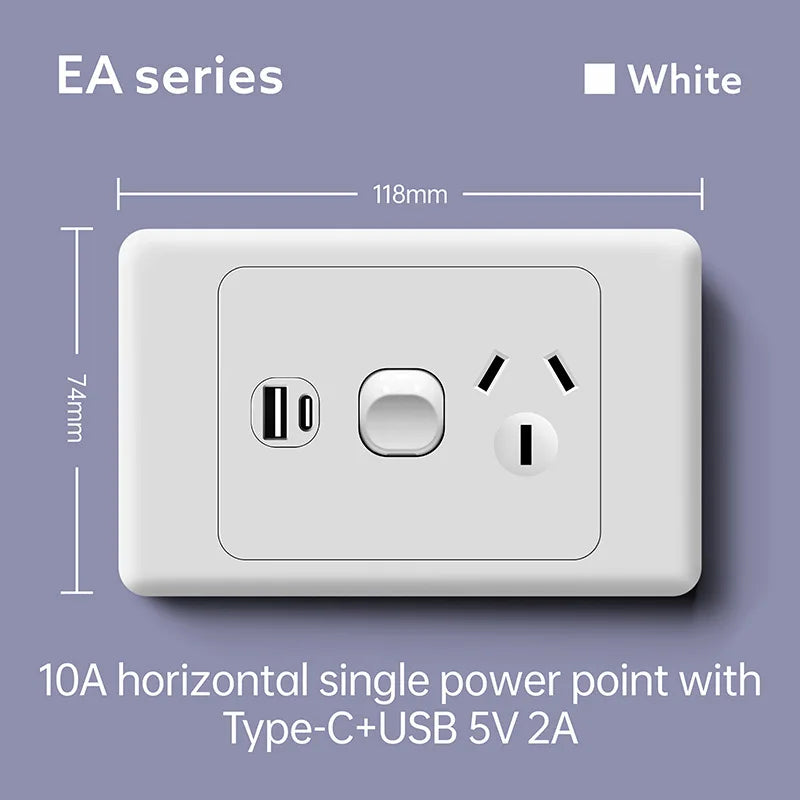 118 Type Australian Standard 1/2/3/4/5/6 Gang Six-hole 15A Wall Switch Socket USB Type-c Port Fast Charging Power Socket Panel