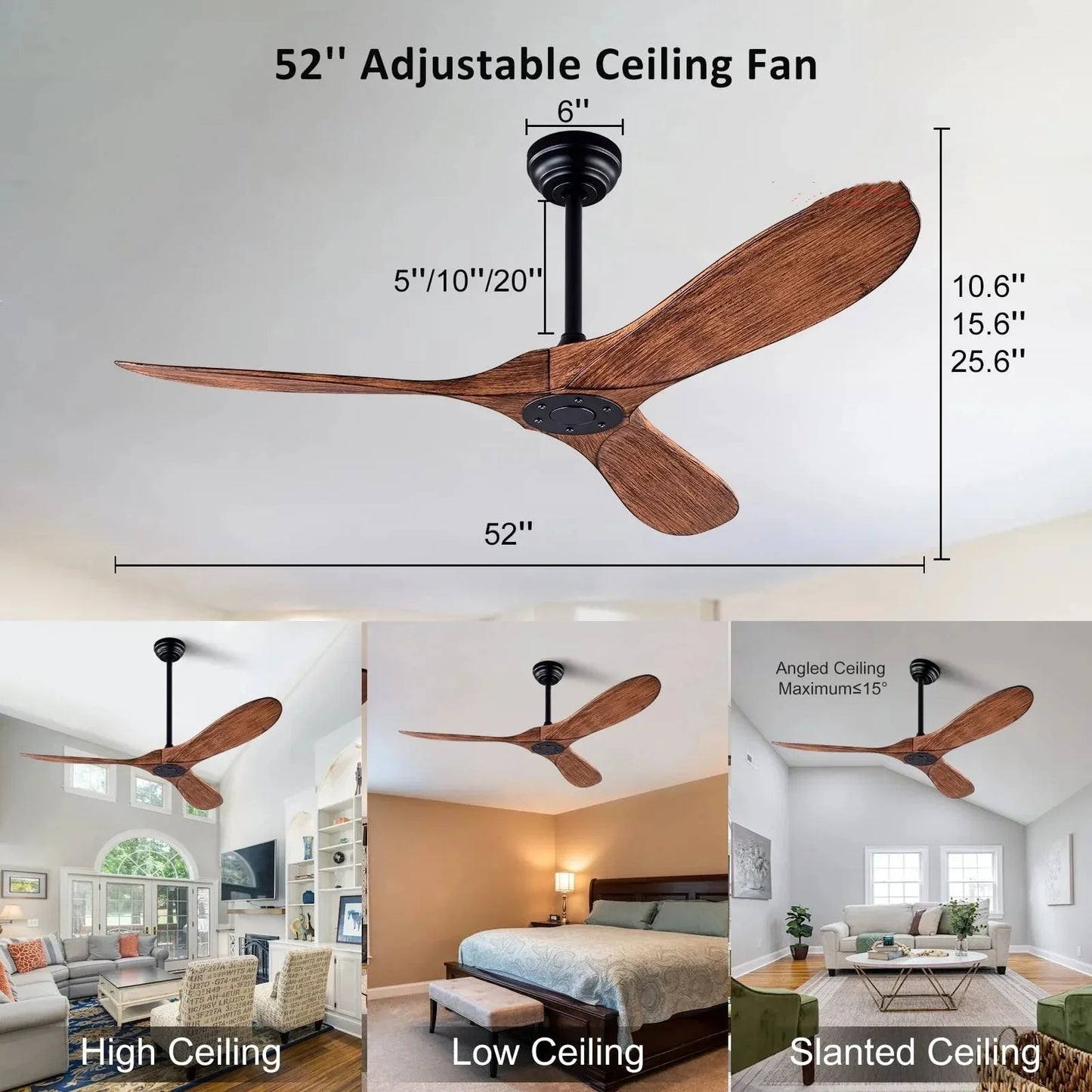 85V - 260V Solid Wood Bland 52 60 Inch Ceiling Fans with LED DC Motor Remote Control
