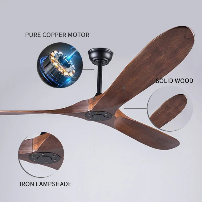 Modern Solid Wood Retro High Air Volume Ceiling Fan with Remote Control Without Lights Living Room and Dining Room Pendant Light