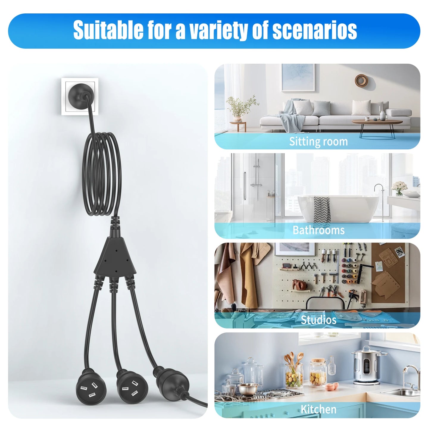 1 to 3 ways power extension cord, 2/3meters AU Plug Power cable with 3 outlets  for Home Office