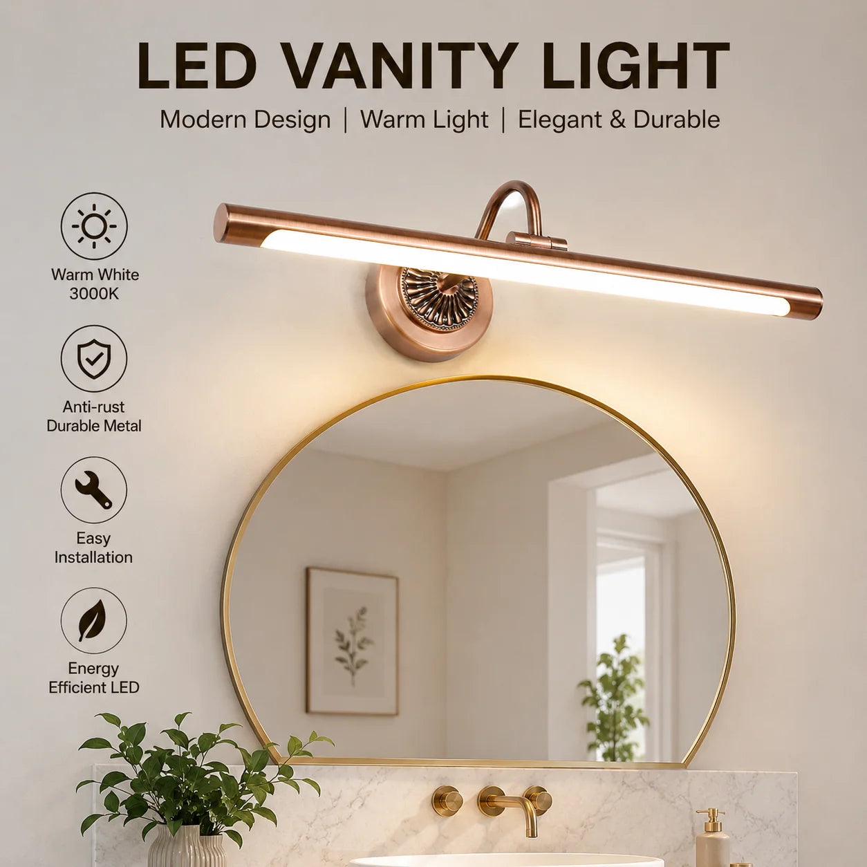 45.5CM 8W LED Bathroom Vanity Light Modern Antique Brass Mirror Wall Lamp for Bathroom Bedroom Living Room