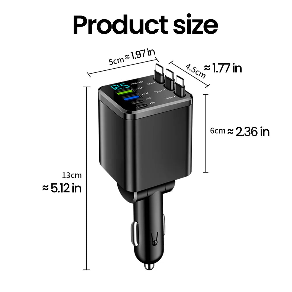 7 in 1 Car Charger Retractable 3 Type C Ports USB Car Charger Fast Charging For IPhone  12 15 16 Samsung USB C to ios Cable