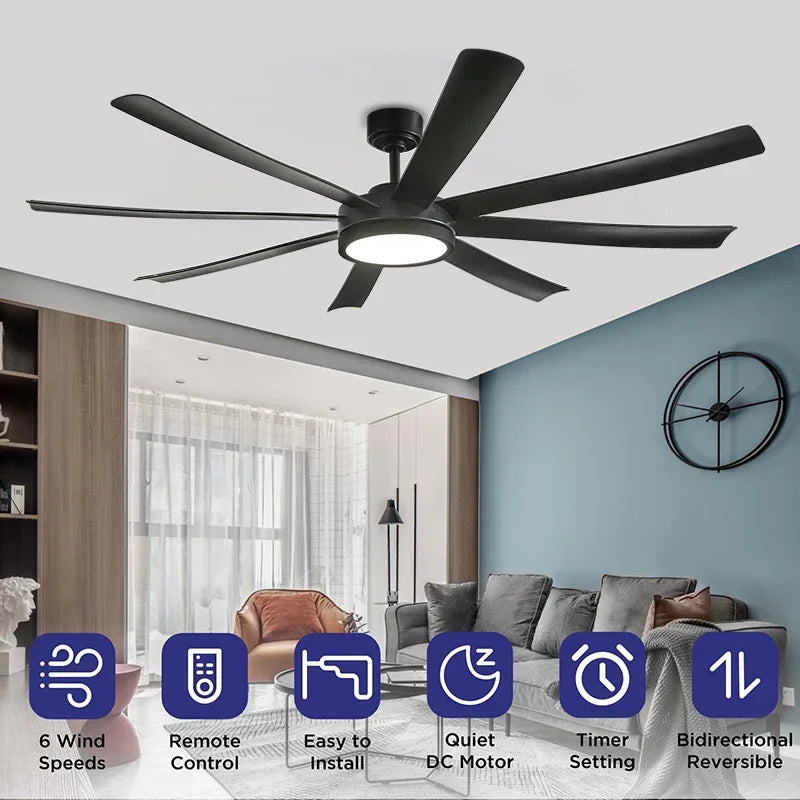 72 inch Large Diameter Black Ceiling Fan, DC Motor Remote Control, 6-speed Reversible, Living Room, Rerrace Pendant Light