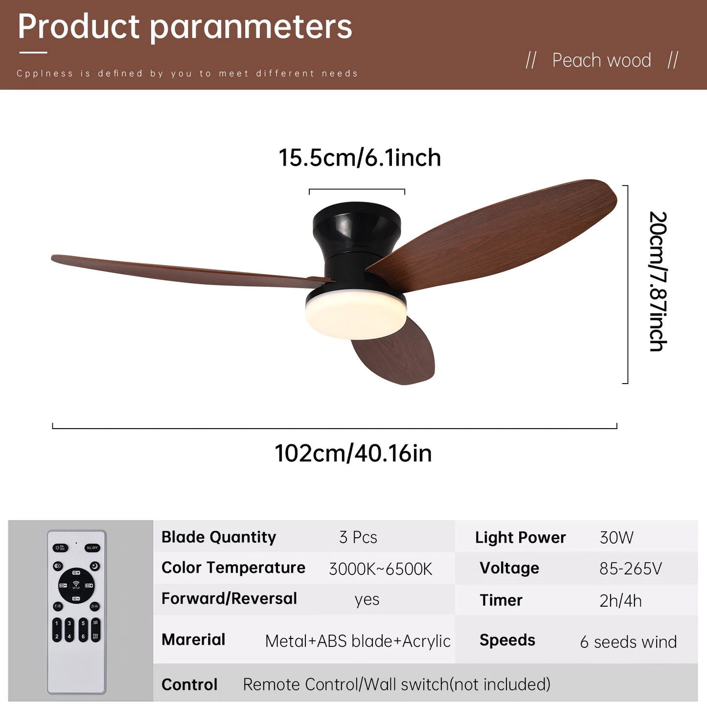 Ceiling Fan with Light 3 Colors, 6 Speeds, Timing, Ceiling Fan with Remote Control 3 Blades for Kitchen Bedroom Dining Room