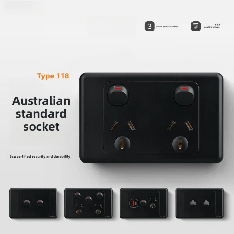118 Type Australian Standard Socket Switch Combination Single Opening Multi Hole Socket Panel Multi Opening Multi Hole 10a/15a