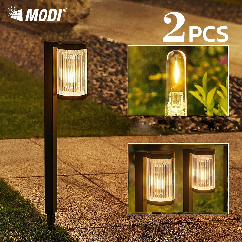 Two Pack MODI Outdoor Solar Spike Lights  - IP65 Waterproof , Dusk to Dawn Auto On/Off, Warm Yellow Glow for Garden/Porch