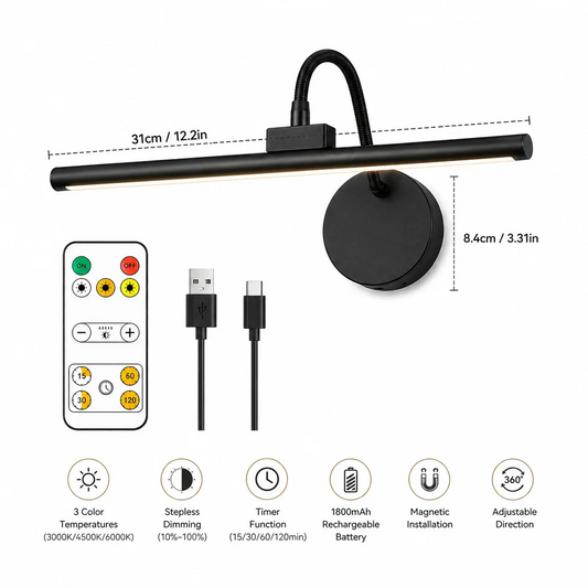 LED Wireless Picture Light with Remote Control, 360° Adjustable Magnetic Wall Lamp, Rechargeable USB, 3 Color Dimmable Lighting