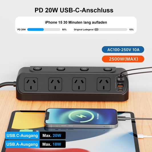 2500W Australia Au Ac Plug Multitap Independent Switch Power Strip 2m Extension Cord Outlets with 3 Usb-A 3 Usb-C Charging Ports