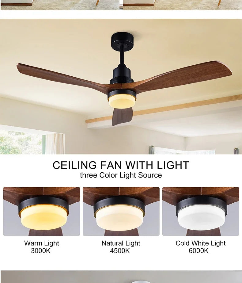 42/52 Inch Solid Wood Ceiling Fan, for Living Rooms, Bedrooms, Dining Rooms, and Study Rooms, with Remote Control Fan Lights