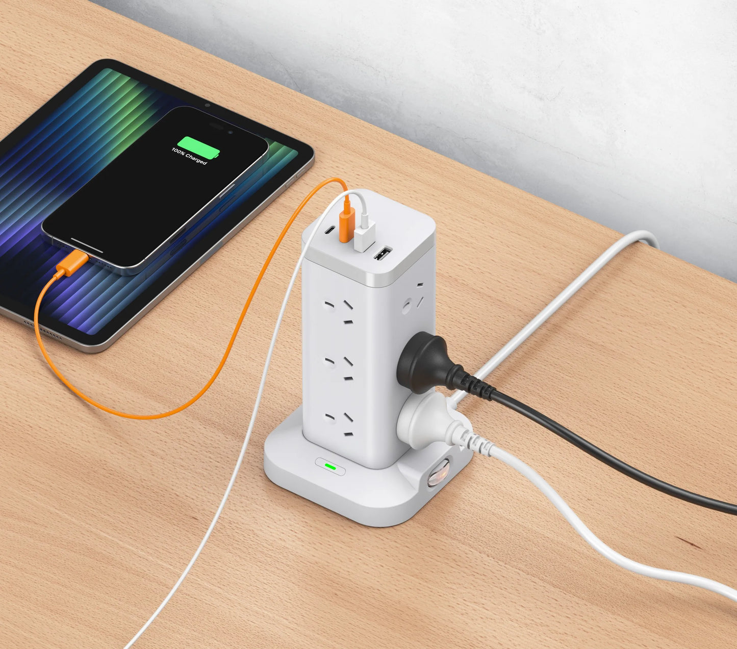 12-ways Tower Power Socket Surge Protection with 2 USB-A 2 USB-C charging, 2m Extension Cord, AU Plug Outlet Power strip