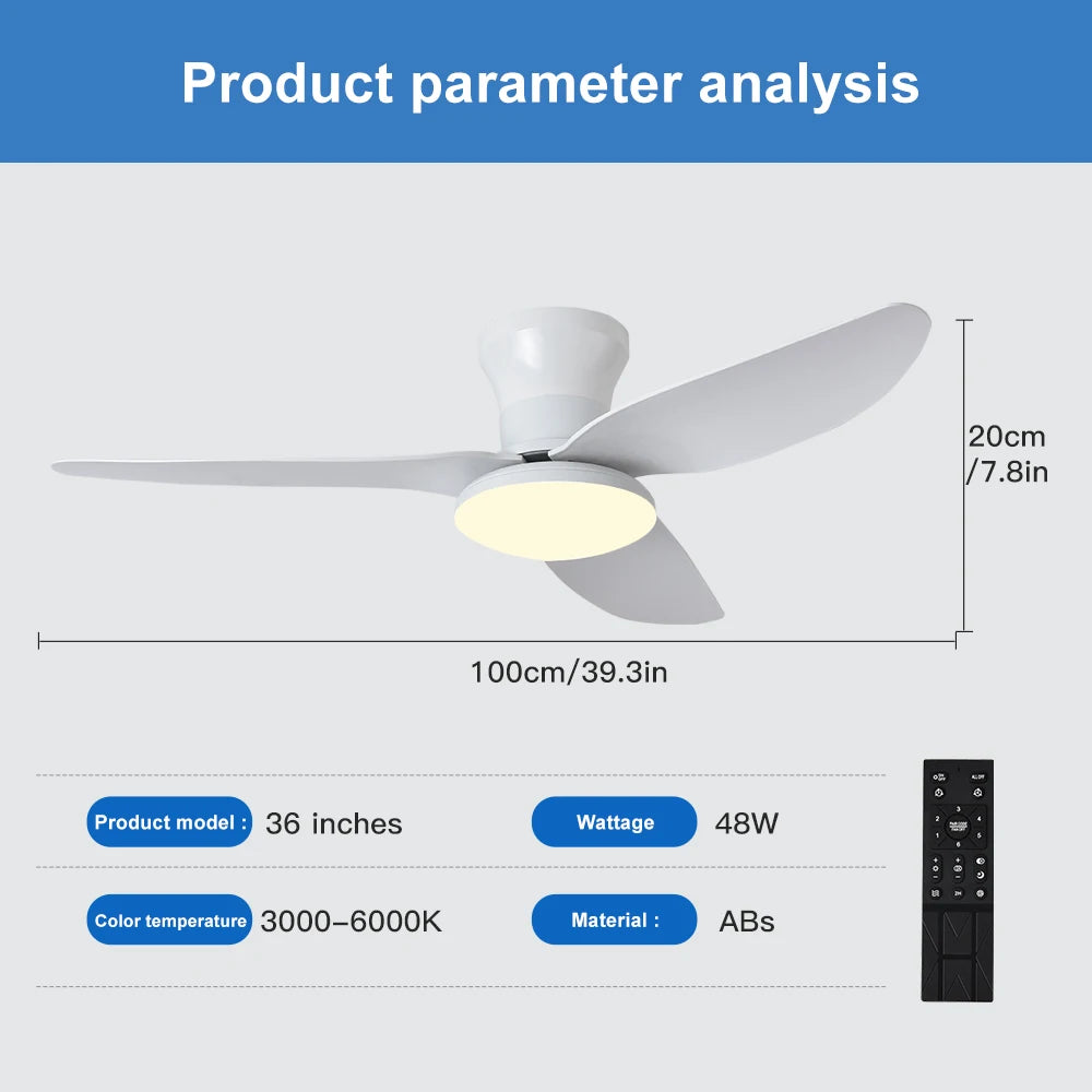 40inch Smart Bedroom LED Ceiling Fans Lights with Remote Control 6 Speeds Wind 3 Blades Dimmable Indoor Ceiling Fan Black White