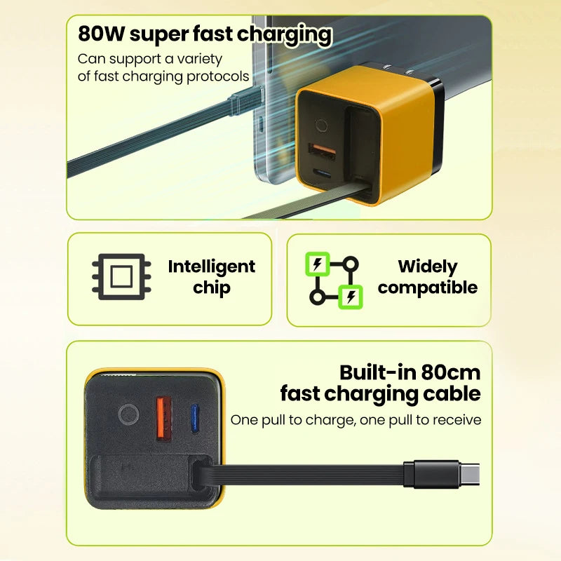Elough 80W Gallium Nitride Charger Scalable Data Cable for Iphone Huawei A+C Full Protocol Multi Port Charging Head