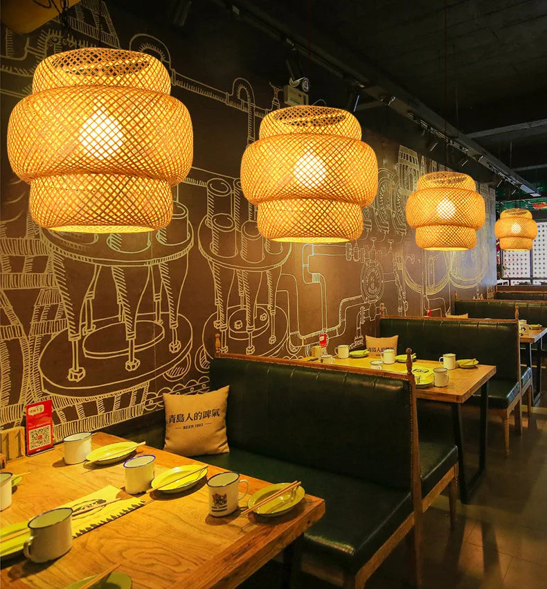 Hand Knitted Chinese Style Weaving Hanging Lamps 18/19/30cm Restaurant Home Decor Lighting Fixtures Bamboo Pendant Lamp