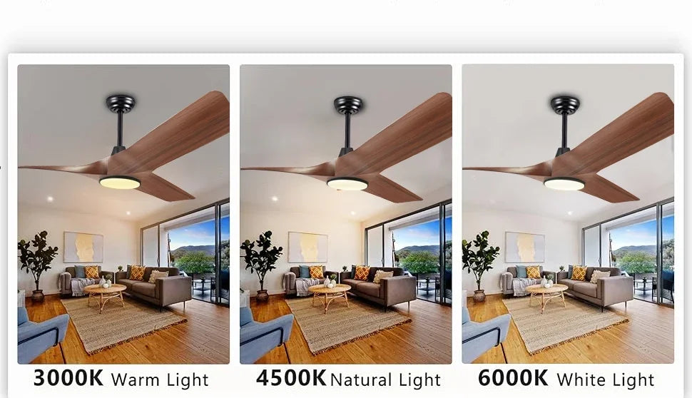 52 Inch Walnut Ceiling Fan, Remote Control with Adjustable Lights, 3 Fan Blades Reversible DC Motor Ceiling Fan, Decorative Fan