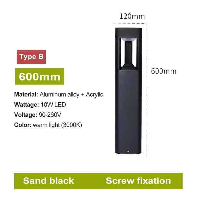 LED Bollard Landscape Light Outdoor Black Garden Pathway Lighting Fixtures Floor Lawn Lamp for Pillar Driveway Patio Yard Decora