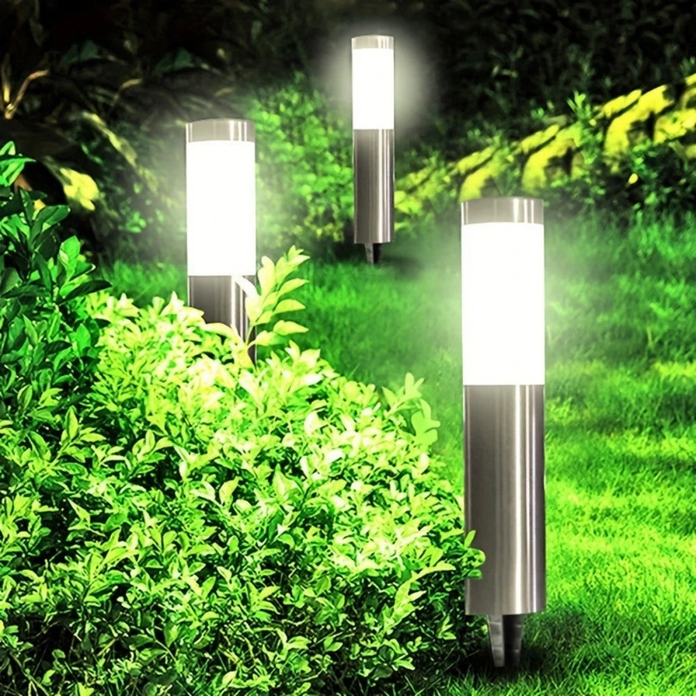 Solar Stainless Steel LED Modern Pathway Lights Upgraded Courtyard Outdoor Garden Cylindrical Lawn Light Outside Walkway Decor