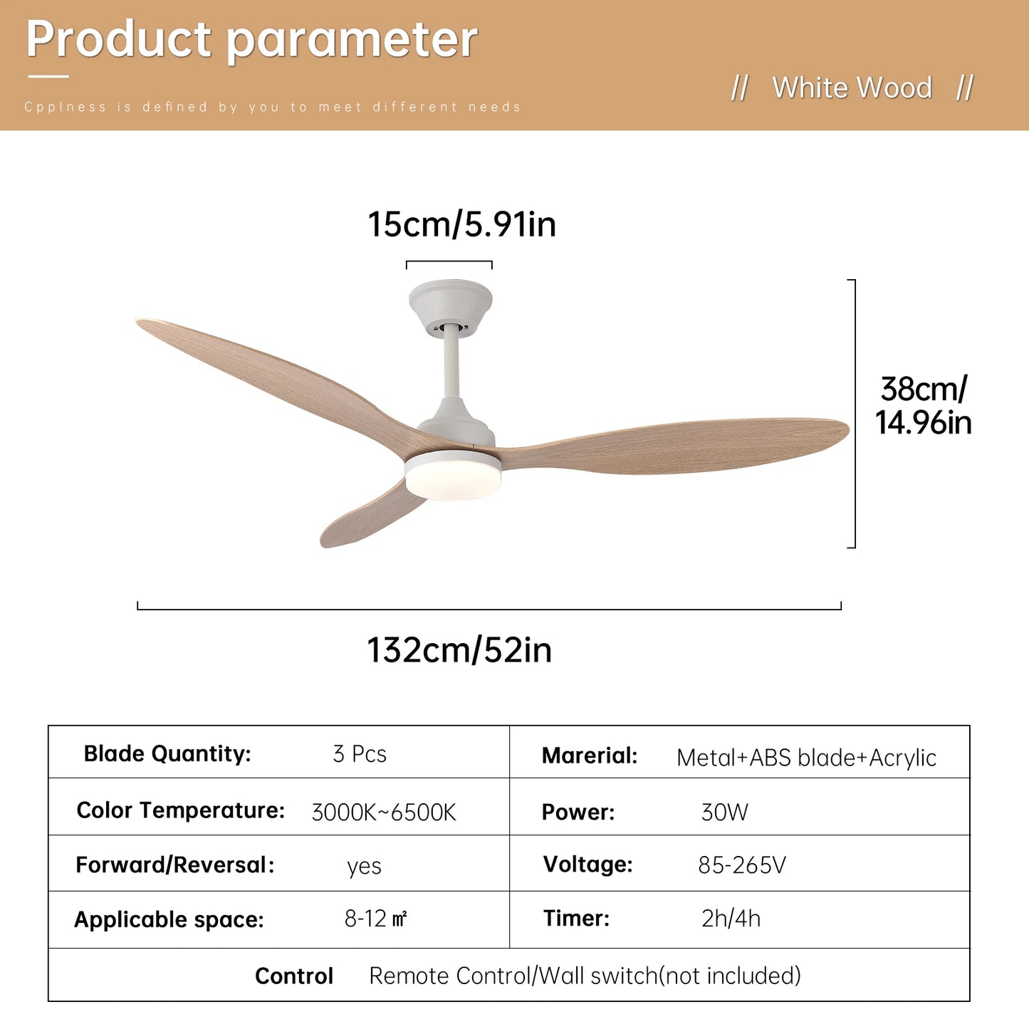 52 inch household ceiling fan with lights, remote control, six speed variable frequency motor