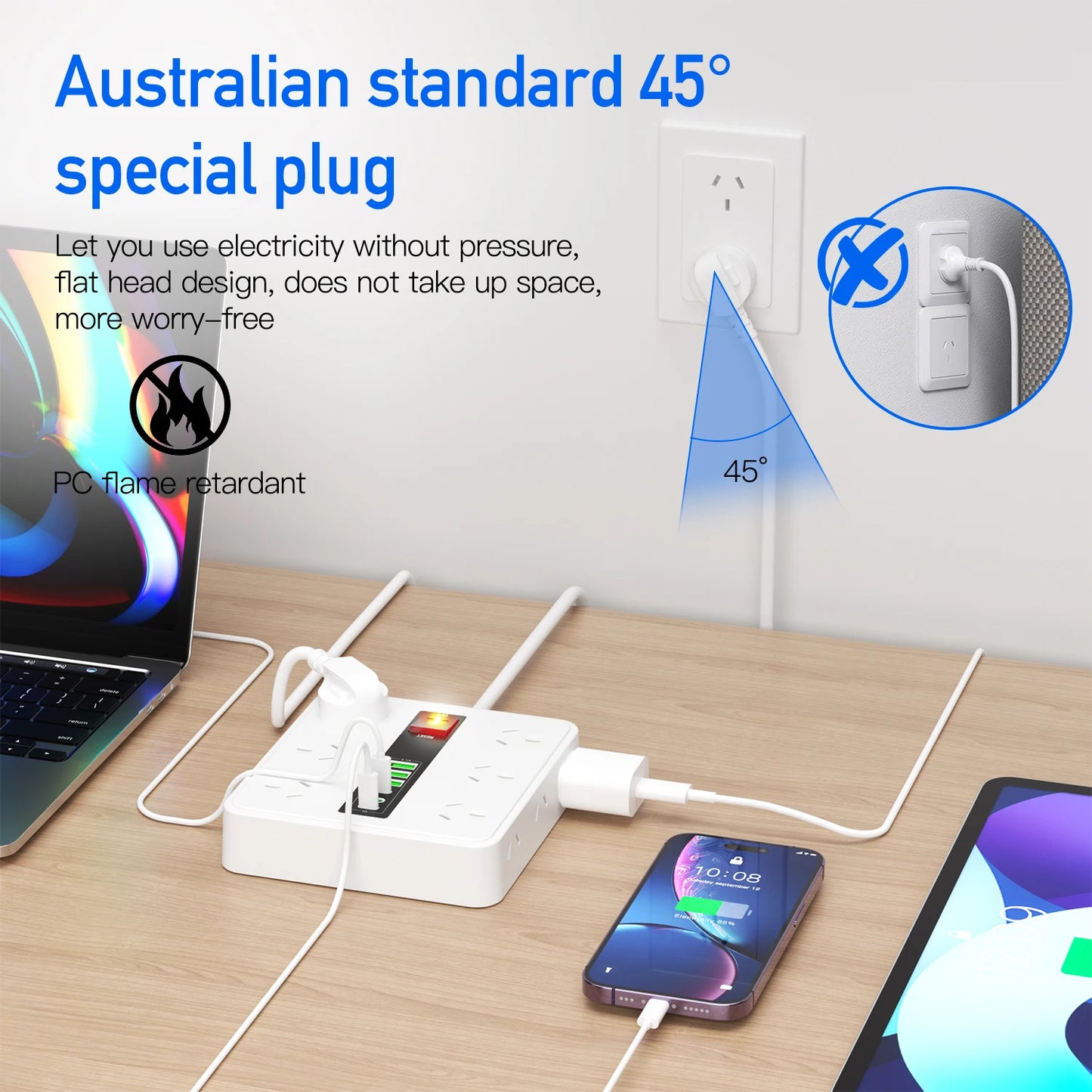 AU Plug Power board with 3 USB-A and 3 Type-C port,12AC Outlets, Surge Protector Power Strip, 2m cable Australia Socket