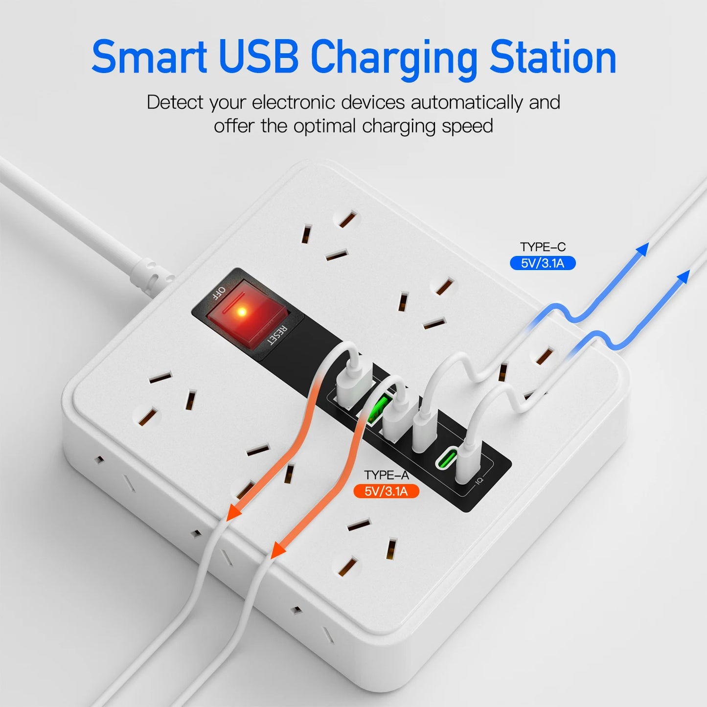 AU Plug Power board with 3 USB-A and 3 Type-C port,12AC Outlets, Surge Protector Power Strip, 2m cable Australia Socket
