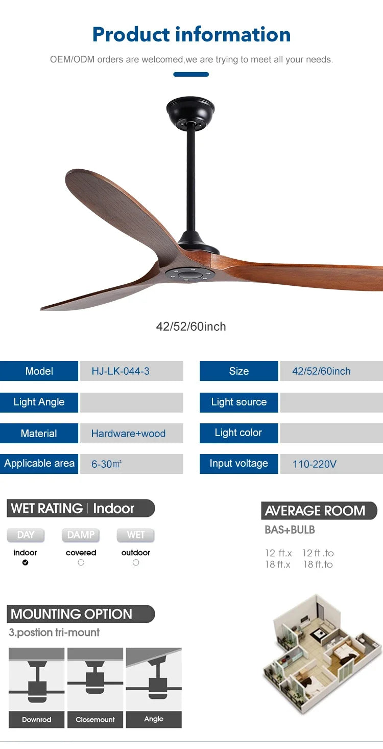 42/52/60/70 Inch Large wooden ceiling fan with DC Motor Remote Control ceiling lamp fan Electric fan for Living room bedroom