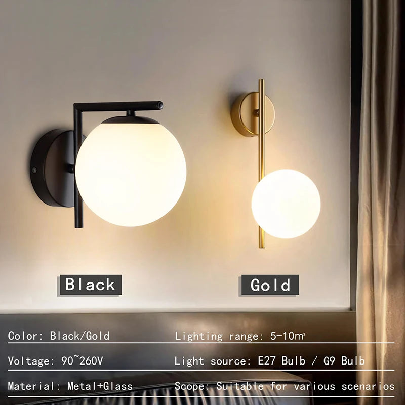 Nordic Home Decoration Lamp White Glass Ball Metal Wall Light 90-260V For Bedroom Corridor Mirror Leisure Area Bedhead Wall Lamp
