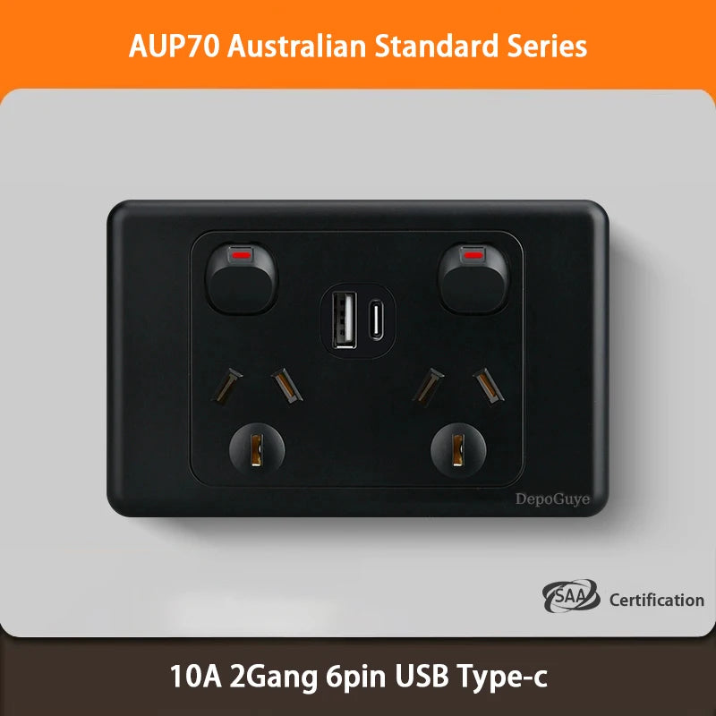 Black Australian Standard USB C Wall Dual Socket with 1/2/3Gang Switch,AU Plug Adapter Mobile Phone Charging Power 10A Outlet