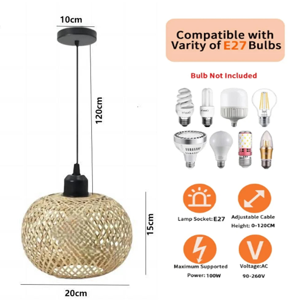 Bamboo Pendant Lamp Hanging Lamp Handmade Rattan Chandelier Fixture Restaurant Dining Room Indoor Lighting AC85-260V