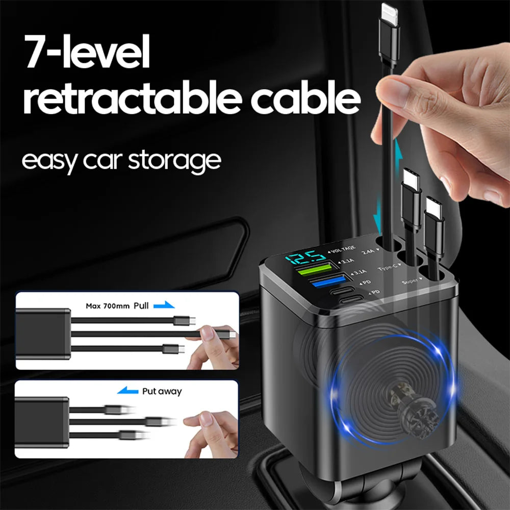 7 in 1 Car Charger Retractable 3 Type C Ports USB Car Charger Fast Charging For IPhone  12 15 16 Samsung USB C to ios Cable