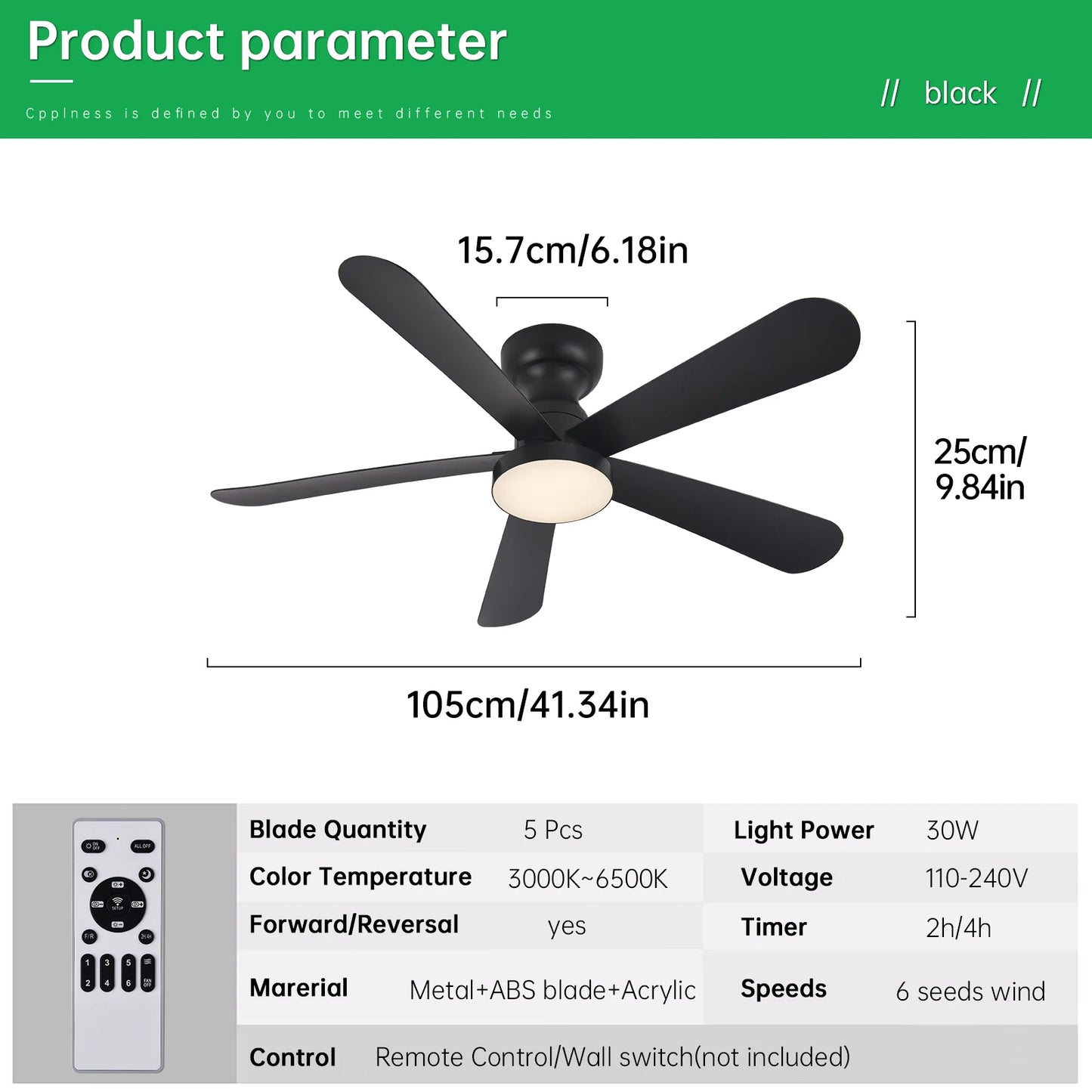 Indoor/Outdoor Flush Mount Ceiling Fan with Remote Control - 5 Blade Low Profile Fandelier - Reversible Quiet Timer