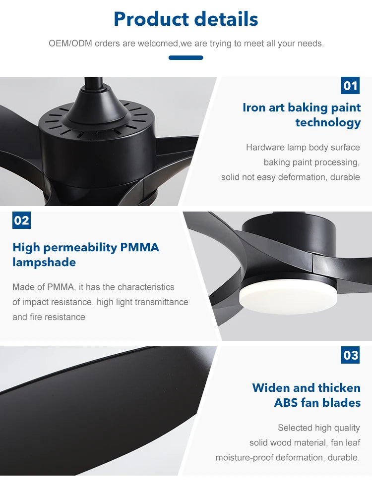 Modern Simple 42 /52 Inch Pure Copper DC Motor Remote Control ABS Blade Led Ceiling Fan With Light Restaurant Fan