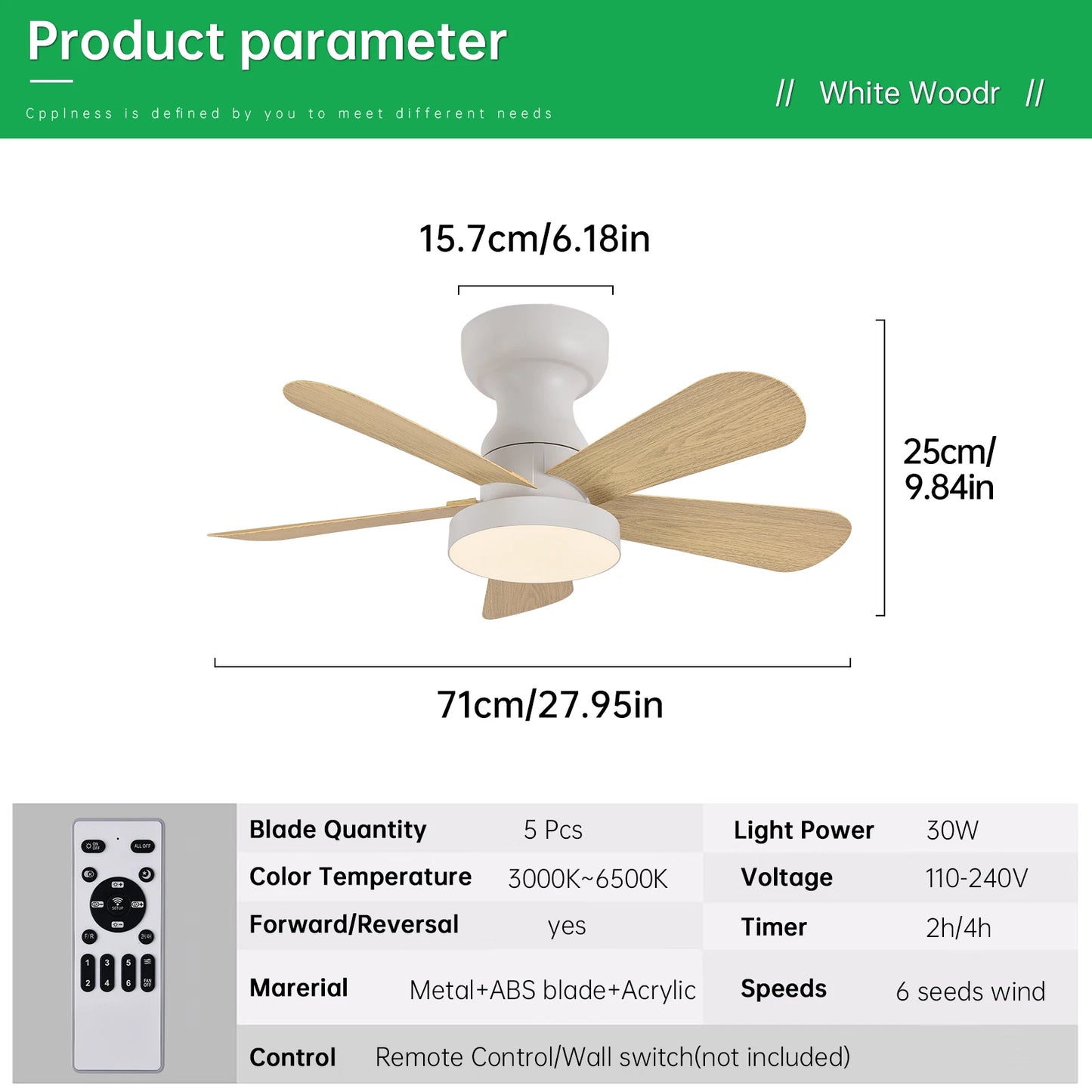 Indoor/Outdoor Flush Mount Ceiling Fan with Remote Control - 5 Blade Low Profile Fandelier - Reversible Quiet Timer