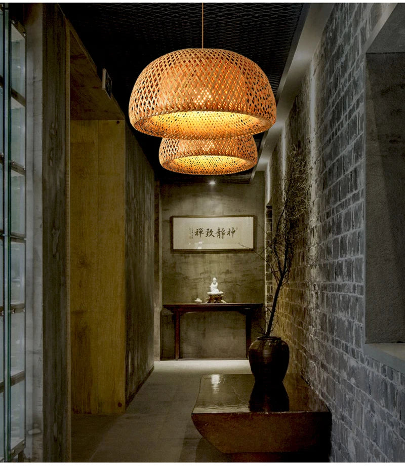 Hand Knitted Chinese Style Weaving Hanging Lamps 18/19/30cm Restaurant Home Decor Lighting Fixtures Bamboo Pendant Lamp