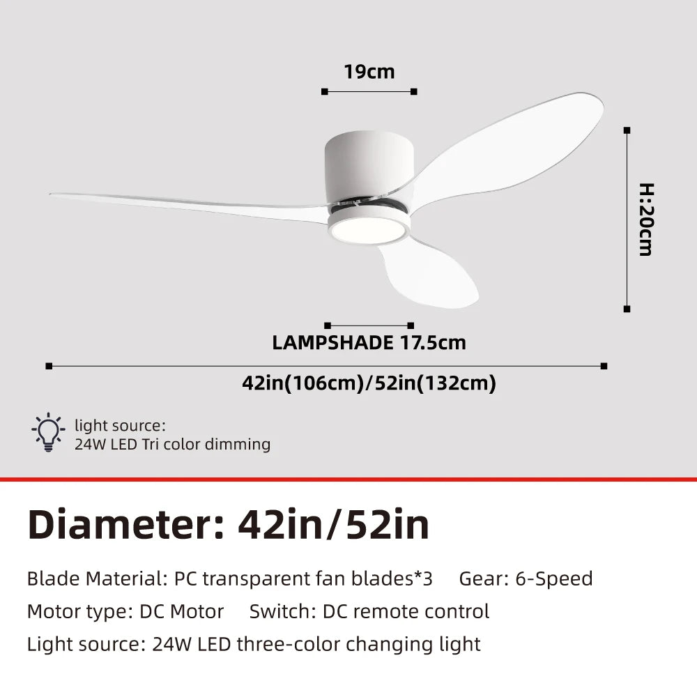 Minimalist Household Ceiling Fan Light for Living Room/Restaurant, Transparent PC Blades, Inverter DC Motor & 6-Speed Adjustment