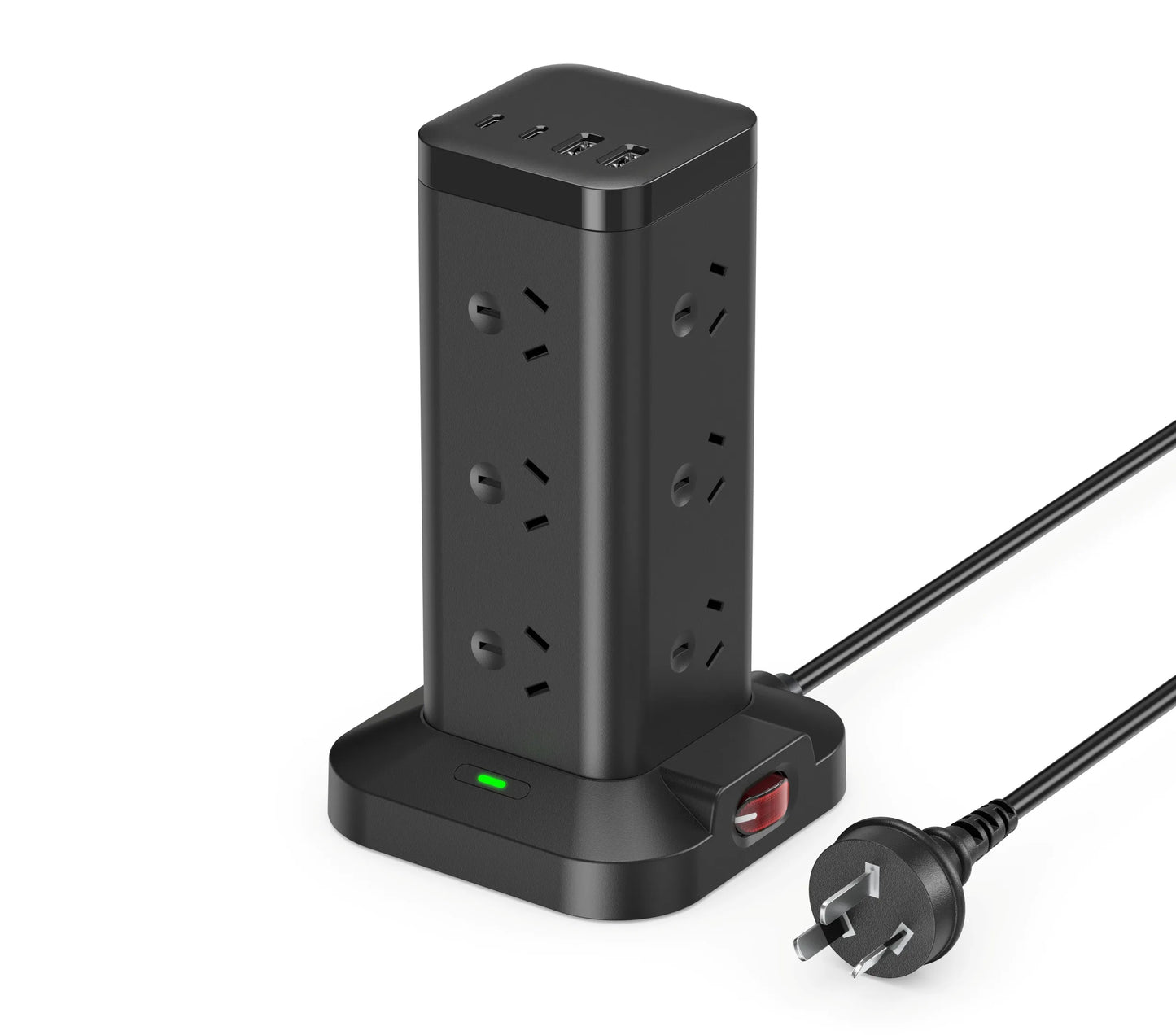 12-ways Tower Power Socket Surge Protection with 2 USB-A 2 USB-C charging, 2m Extension Cord, AU Plug Outlet Power strip