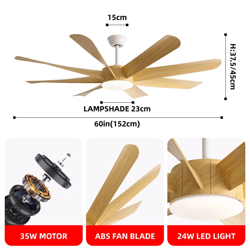 FUMANJIA 60Inch Ceiling Fan with Light - 8 Blades, DC Motor & Remote Control, 6-Speed Adjustment, ABS Blades for Dining Rooms