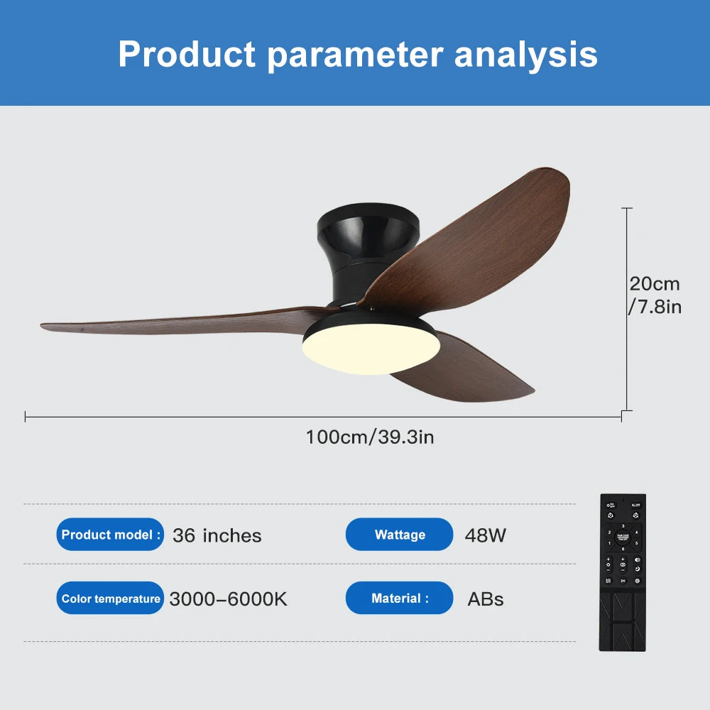 40inch Smart Bedroom LED Ceiling Fans Lights with Remote Control 6 Speeds Wind 3 Blades Dimmable Indoor Ceiling Fan Black White