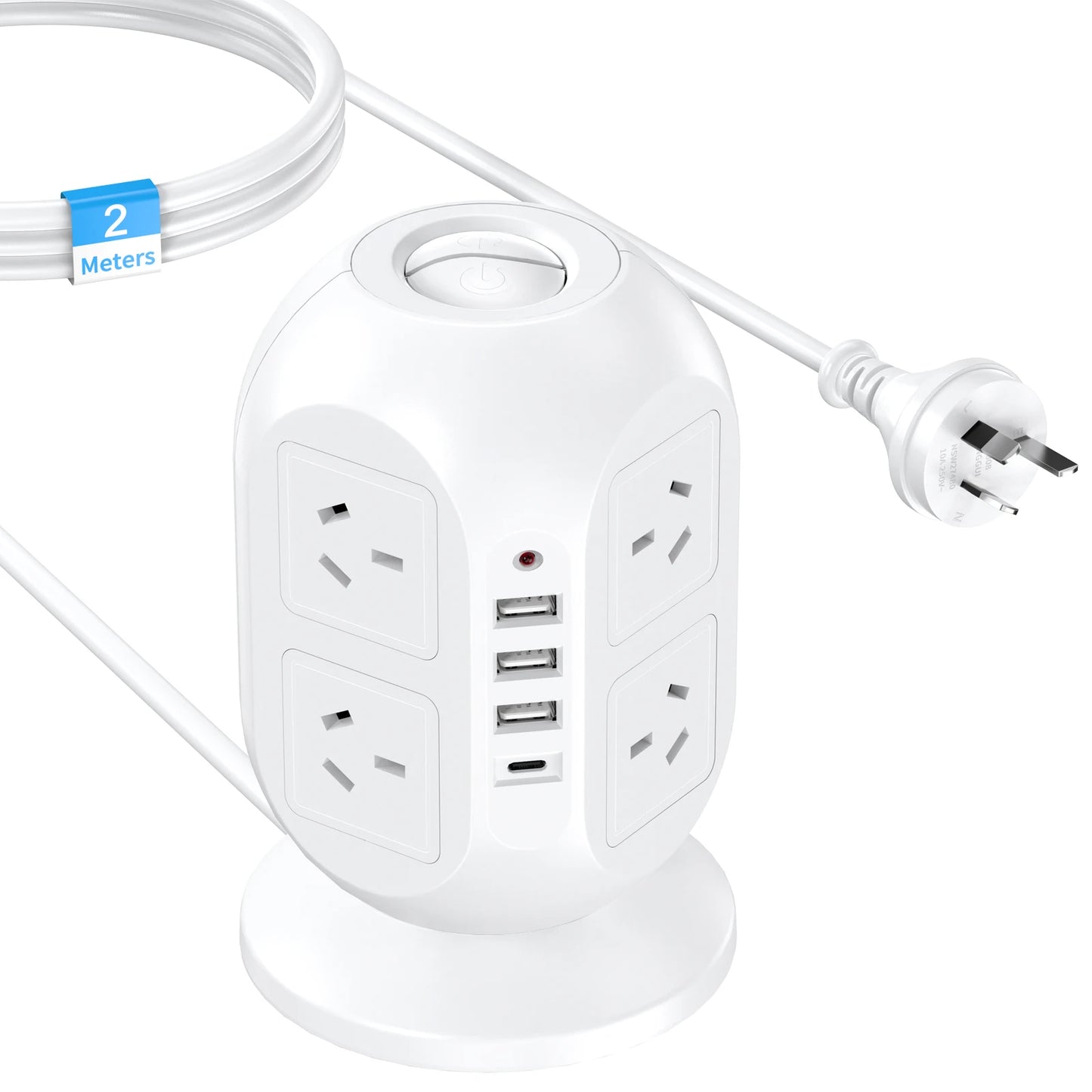 AU Plug tower vertical power strip 8 AC multiple power sockets 4 USB ports Power adapter 2M extension cable surge protector