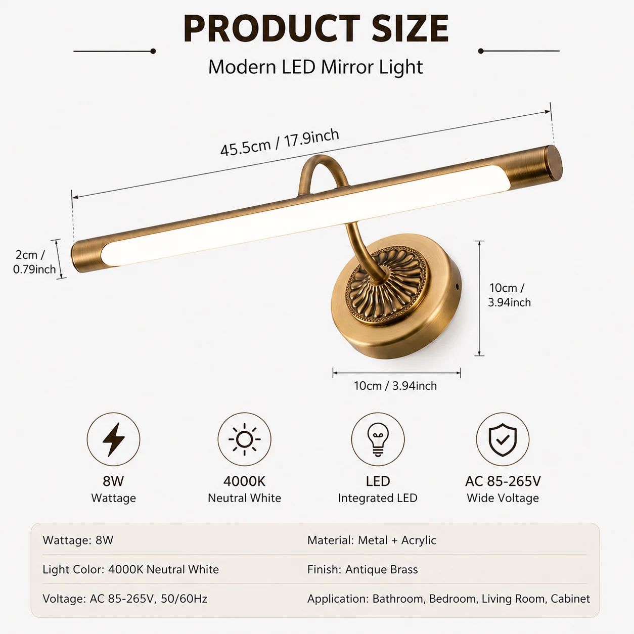 45.5CM 8W LED Bathroom Vanity Light Modern Antique Brass Mirror Wall Lamp for Bathroom Bedroom Living Room