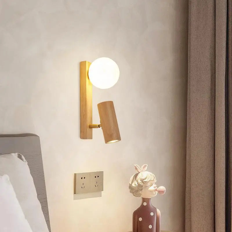 Nordic Cream Wind Wood Wall Lamp Log Bedroom Bedside Reading Lamp Rotatable Spotlight Living Room Ball Wall Sconce Home Decor