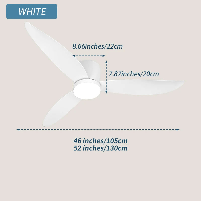White 52 Inch Ceiling Fan Silent with Light Remote Control, Equipped with Reversible DC Motor, Bedroom and Living Room, Timer