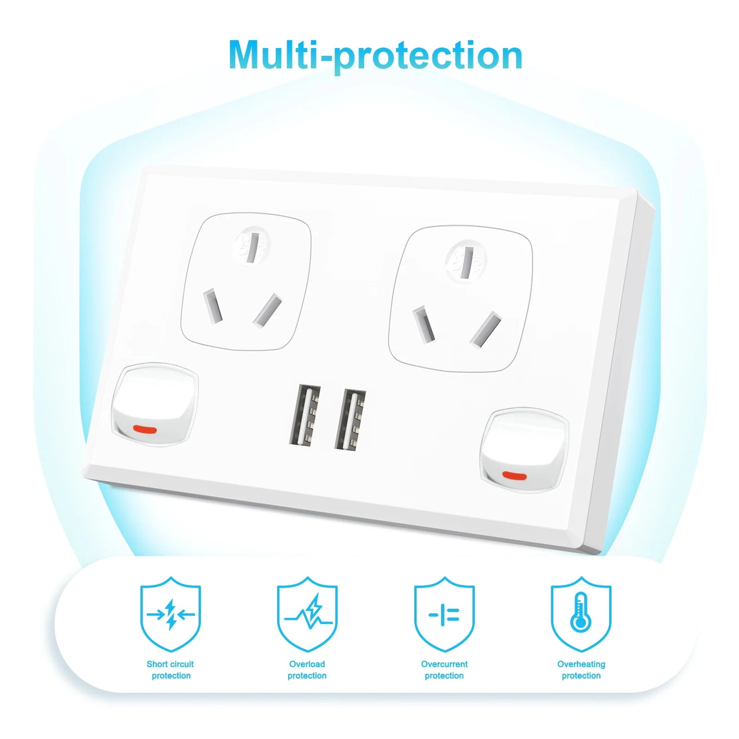 Au Plug adapter Mobile phone charging power supply 10A socket Australian standard wall dual socket with 2gang switch 118mm*73mm