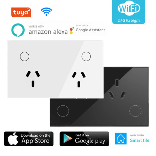 tuya 15A  AU Argentina Panel Wall Socket WIFI White Crystal Glass Touch Timmer Power Outlet Smart Home Voice Google Home Alexa