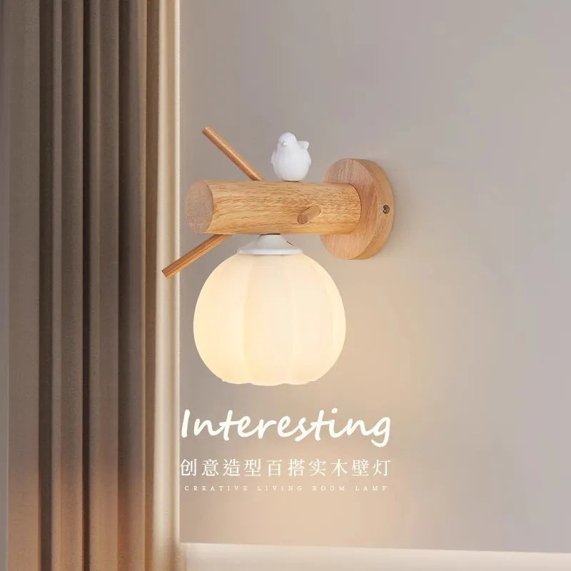 Nordic Cream Wind Wood Wall Lamp Log Bedroom Bedside Reading Lamp Rotatable Spotlight Living Room Ball Wall Sconce Home Decor