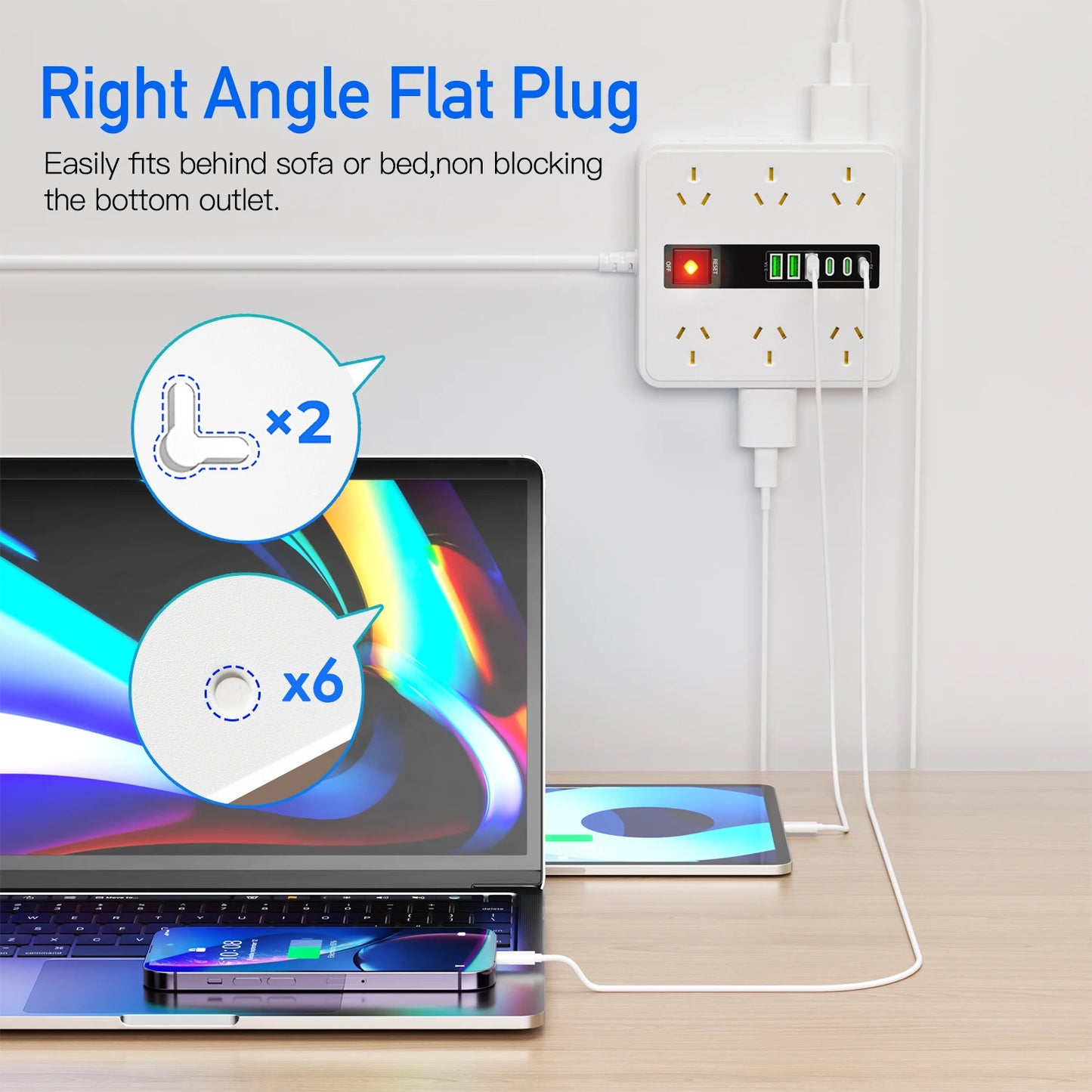 AU Plug Power board with 3 USB-A and 3 Type-C port,12AC Outlets, Surge Protector Power Strip, 2m cable Australia Socket