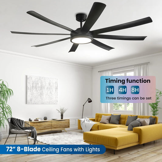 72 inch Large Diameter Black Ceiling Fan, DC Motor Remote Control, 6-speed Reversible, Living Room, Rerrace Pendant Light