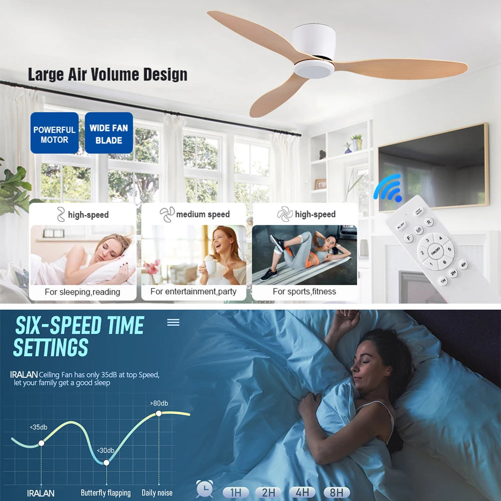 IRALAN 42inch/52inch Ceiling Fan without Light,6-Speed Reversible, Timer, Outdoor Bedroom Living Room-White/Black/Wood
